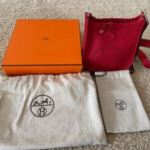 HERMES MINI EVELYNE BAG TPM 16 RED COMPLETE WITH BICOLOR STRAP EX COND